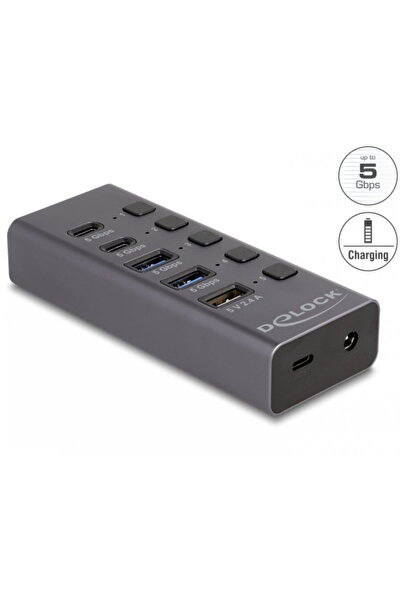 DELOCK HUB USB 3.2 la 2 x USB-A + 2 x USB Type C + 1 x Fast Charging cu Switc...
