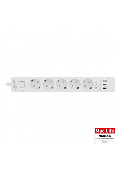 In-Line Extension cord with 5 x Schuko + 3 x USB-A Quick Charge 1.5m White, I...