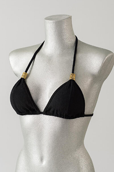 Imoda Kadın Siyah Pedli Üçgen Bikini Üstü Halter Bağlamalı Aksesuarlı