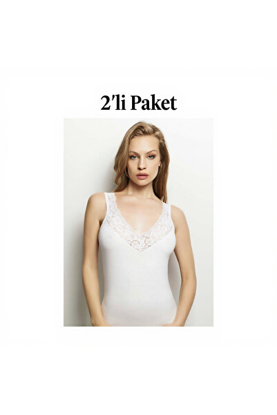 CANSUR Women's V-Neck Lace Detailed Cotton Undershirt 2'Li and 4'Li Pack