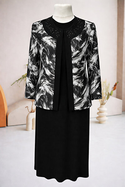 HESNA Black Deste Plus Size Jacket with Lace Brushstroke Pattern Mother Eveni...