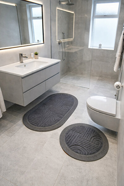 MELENA CARPET Premium Kaymaz Taban Banyo Paspası Jüt Kenar Detaylı Oval Yuvar...