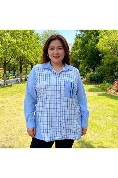 Royteks Fashion Ekose Desenli Pamuklu Keten şık kadın Tunik Gömlek