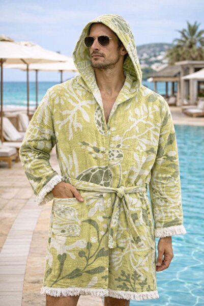 Çeşme Home 100% Cotton Muslin Hooded Unisex Beach Bathrobe with Pockets, Size...