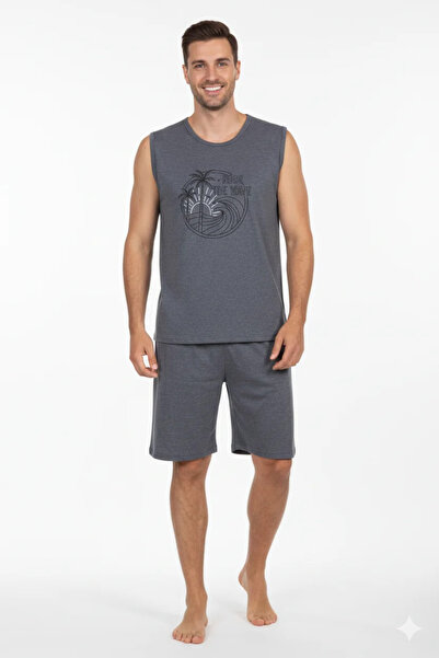 Ercan Men's cotton pajamas - T-shirt with "Surf The Wave" print - Gray