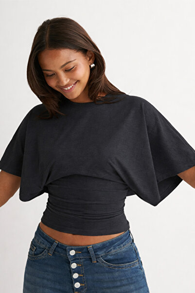 ecemore Anthracite Natural Viscose Blouse with Wide Sleeves and Waist Fit