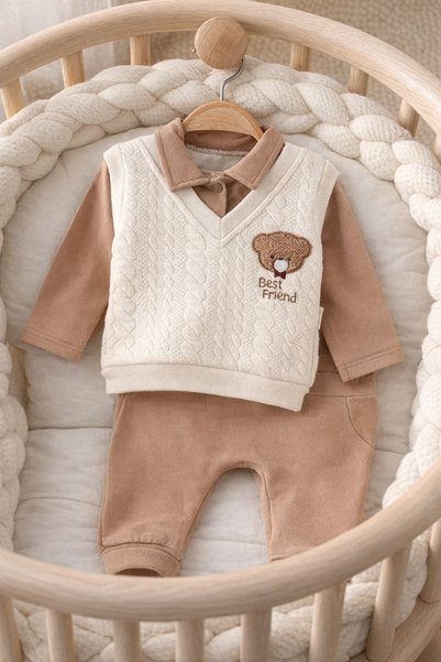 tinitins Süzene Teddy Bear Embroidered Sweater Detailed Baby Boy 2-Piece Set