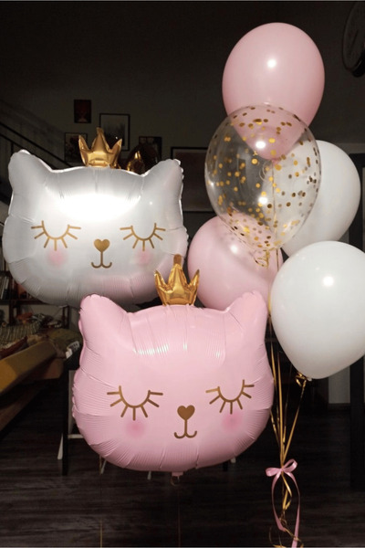 Bunloon Kedi Temalı Balon Seti Doğum Günü Parti Süsleme Pembe Beyaz