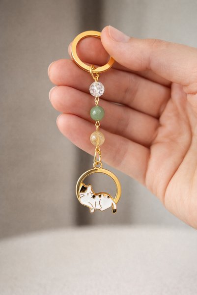 Sunshe Atelier 10 Pieces of Natural Stone Keychain/Bag Ornament with Cat Figure (Citrine-Nephrite-Aventurine)