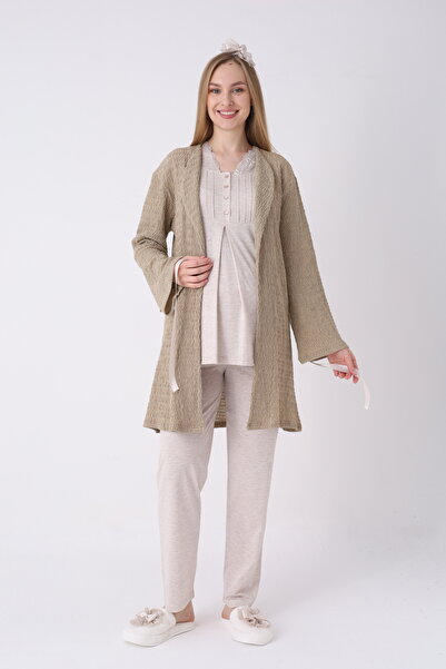 ERDENİZ TEKSTİL 3-Piece Maternity Pajama Set - Set with Nursing Buttons and A...