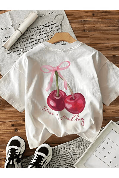 one button Tricou Premium Oversize cu imprimeu pe spate „Have A Good Day Kiraz”