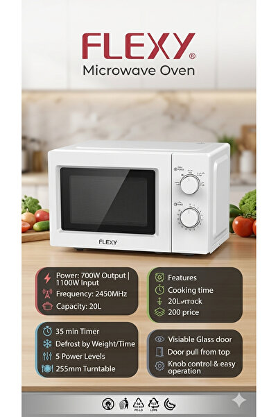 flexy 20L Microwave Oven: 700W Power, 5 Levels & Easy Knob Control for Modern...