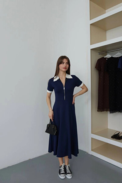 Lusin Women's Navy Blue Polo Collar Zipper Detailed Short Sleeve Midi Length ...