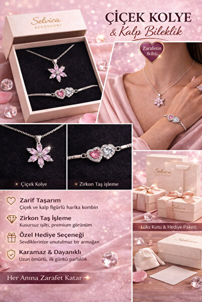 Selvica Pembe Lotus Kamelya Çiçeği Kolye Ve Kalpli Bileklik Seti Doğum Günü H...