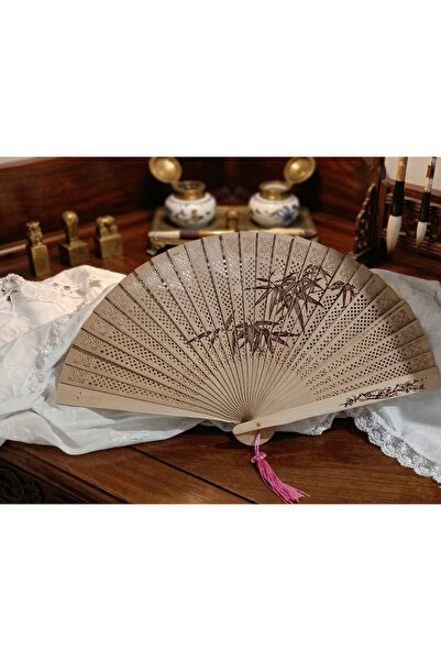 Meya design Bambu Desenli Çift Taraflı Dekoratif El Yelpazesi – 23x40 Cm