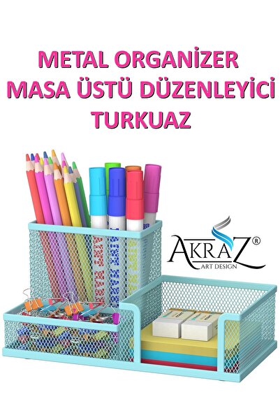 Akraz Art Design MASA ÜSTÜ METAL KALEMLİK ÜÇ GÖZLÜ TURKUAZ (MASA SETİ)
