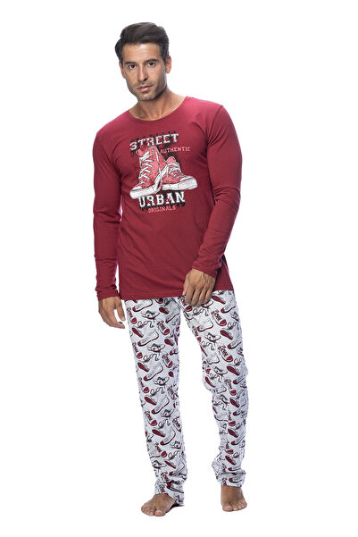 VİENETTA Men's Cotton Pajamas, Red with Tennis Print, Pants and Long Sleeves