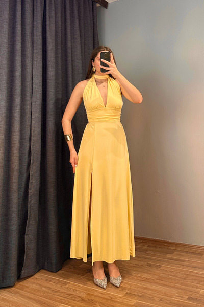 Sorridi Halter Neck Backless Slit Long Dress