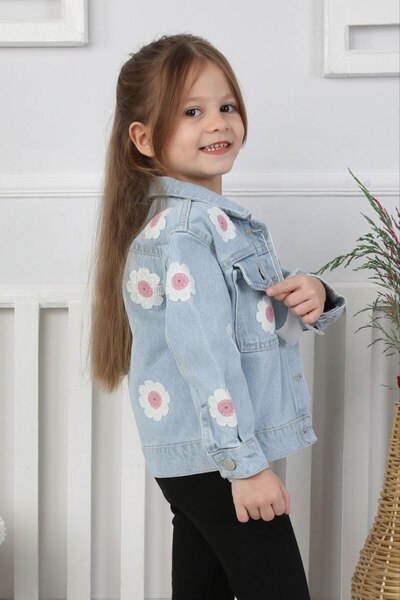 gnygiyim Girl's Daisy Embroidery Patterned Denim Jacket