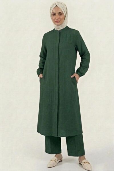 PORİENTO طقم نسائي من قماش الموسلين القطني الأخضر بنسبة 100% بسحّاب وقصة مريح...