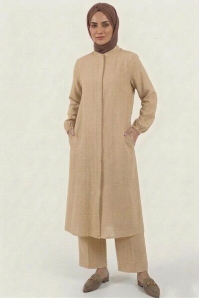 PORİENTO Beige Color 100% Cotton Muslin Fabric Zippered Comfortable Fit Hijab...