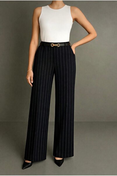 Heyya Women's High Waist Classic Striped Black Fabric Trousers Without Belt
