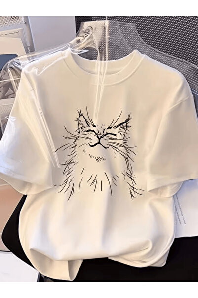 one button Tricou supradimensionat premium cu imprimeu cu pisică drăguță