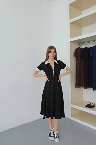 Lusin Γυναικείο μαύρο φόρεμα με λαιμόκοψη πόλο, λεπτομέρεια με φερμουάρ, κοντ...