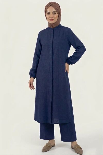 PORİENTO طقم نسائي من قماش الموسلين القطني 100% باللون الأزرق الداكن، بتصميم ...