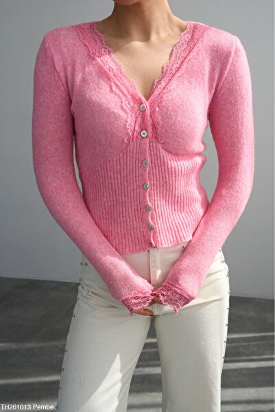 Lupies Kadın Dantel Detaylı Düğmeli Triko Hırka