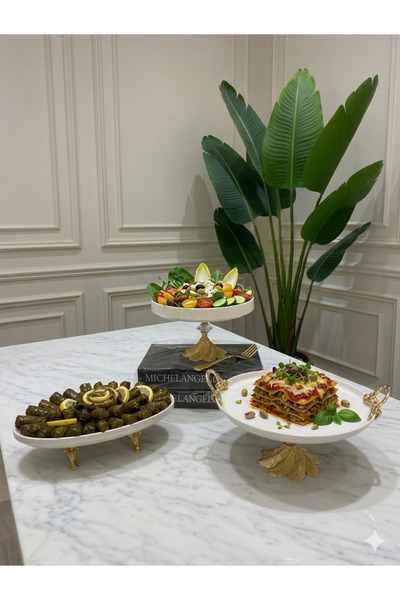 Sillage Home 3 Parça Lüks Sunum Seti ,Metal Ayaklı Kase , Kayık Tabak ve Serv...