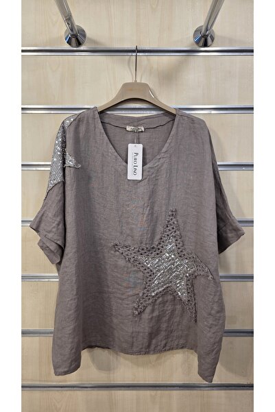 Park Moda Λινή μπλούζα με λεπτομέρειες από πούλιες