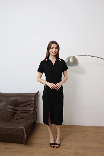 Lusin Γυναικείο μίντι φόρεμα με μαύρη ρίγα και λεπτομέρεια στο λαιμό