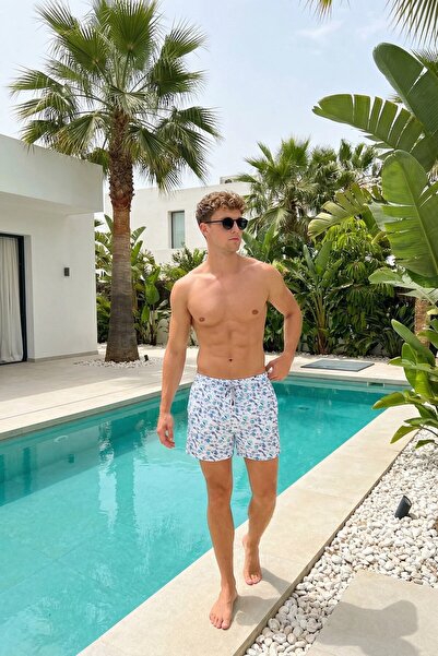 MADZEYMODA Swim Shorts Elastic Lace-Up Men's White Short Length Patterned Lin...