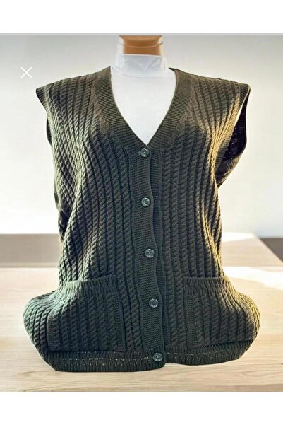 EM&FA TEKSTİL Thick Knitted Short Sleeve Knitwear Mother's Vest with Pockets