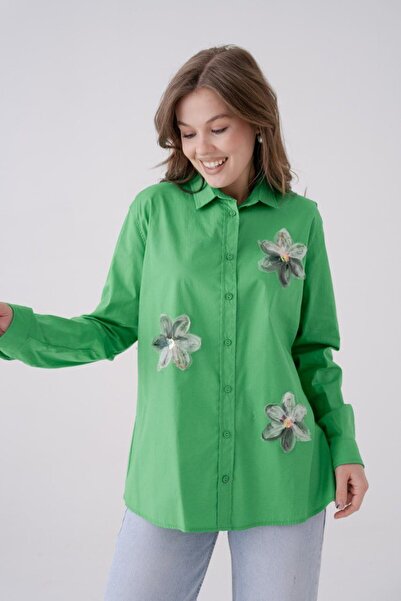 Noi Belis Floral Lace Detailed Regular Fit Woven Shirt Ss26Go0011