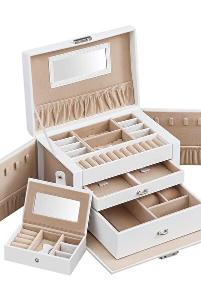 Dotail SONGMICS Jewelry Box, 3 tiers, 2 drawers, mirror, lockable, 26 x 18 x ...