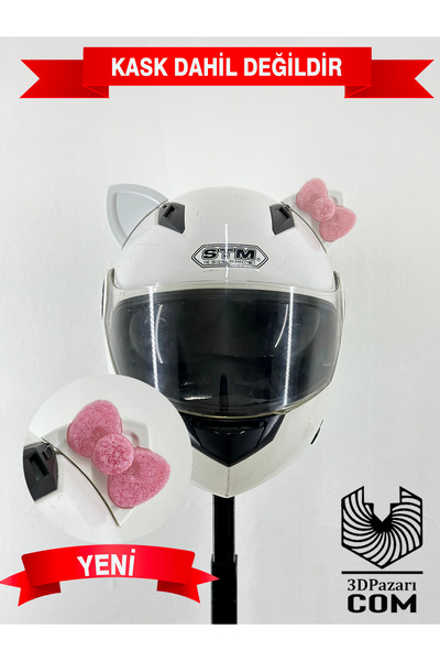 Butik Motor & Motosiklet Toz Pembe Fiyonklu Beyaz Kedi Kulak Kask Dış Aksesuarı