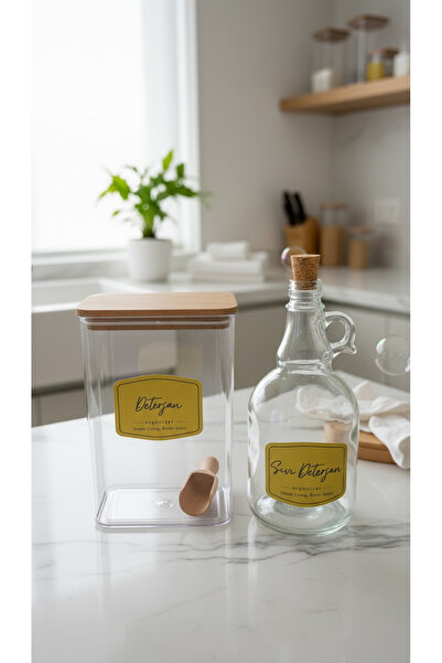 zezedesing Βάζο απορρυπαντικού με ξύλινο καπάκι 2000ML + Γυάλινο μπουκάλι υγρ...