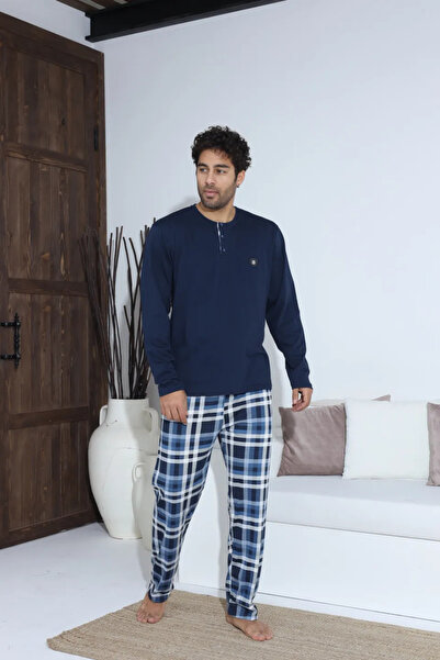 Serena Navy men's pajamas - button-down shirt with badge, long checked pants,...