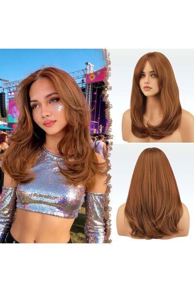 Dotail Perucă Feshfen, păr sintetic drept cu breton, lungime 45 cm, fibră sin...