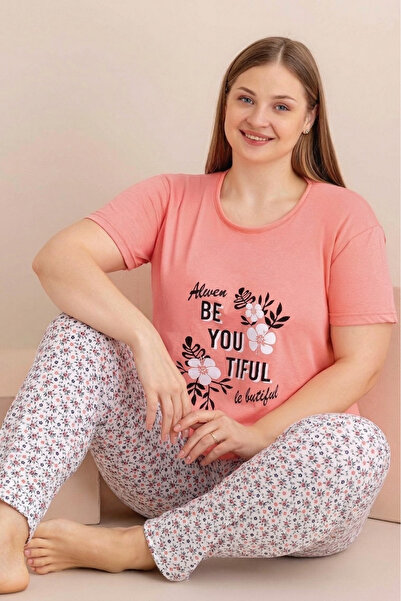 Farya Home Голям размер памучен десениран пижамен комплект с къс ръкав за майки