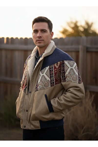 CANMODA (7897) Recien Unisex Fur Collar Vintage Aztec Jacket Oversize 90S Coa...