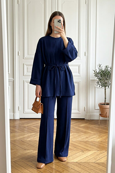 MODAQU Beli Lace-Up Slit Detailed Sleeve Folded Bottom Top Set - Navy Blue