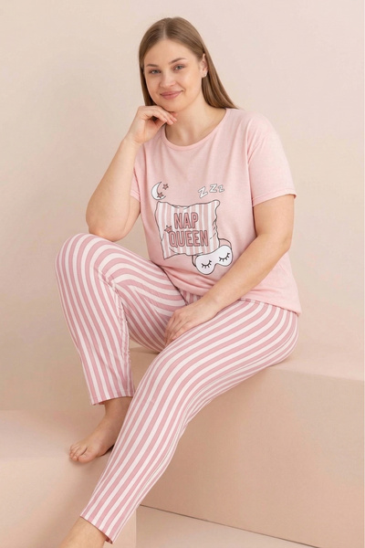 Farya Home Голям размер памучен десениран пижамен комплект с къс ръкав за майки