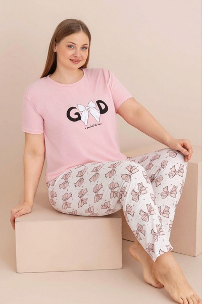 Farya Home Large Size Cotton Patterned Mother's Short Sleeve Pajama Set