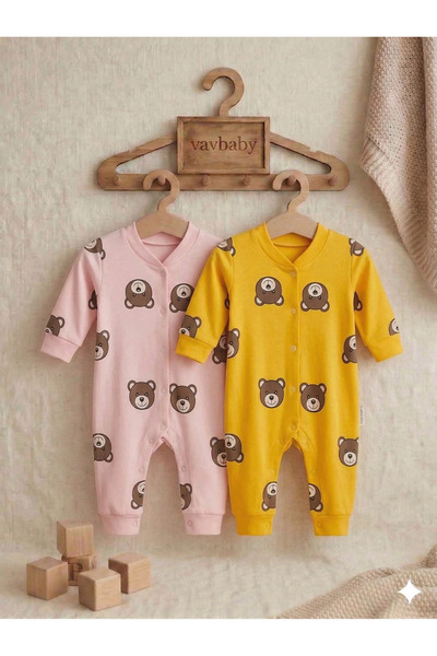 VaVbaby Teddy Bear Patterned Cotton Baby Romper Set - Pack of 2 (Yellow-Pink)