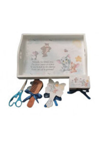 1 Tavita de mot, set de 5 piese, lemn vopsit, Tom si Jerry, alb