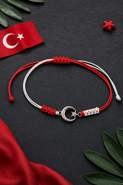 Crystal Atelier White Red Moon Star Fan Bracelet Turkish Flag Macrame Rope Ad...