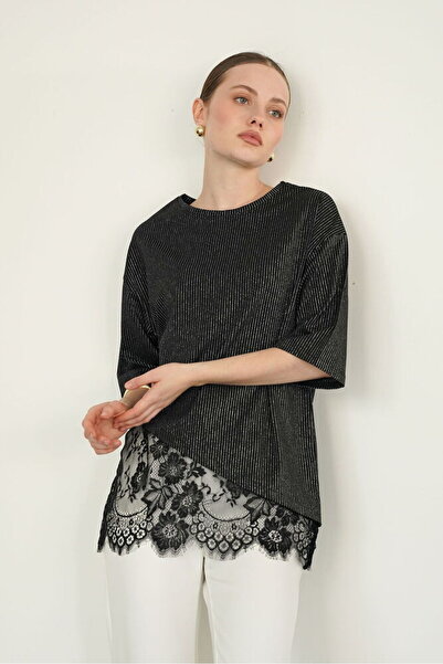 Caddebostan Moda Women's Lace Detailed Striped Oversize T-Shirt Asymmetrical ...